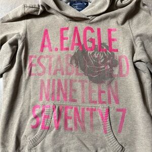 American Eagle Outfitters Tan Hoodie with Pink Graphic